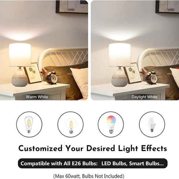 NEW Set of 2 Ceramic Table Lamp for Bedroom, Small Table Lamp White 13.7IN - Picture 4 of 9